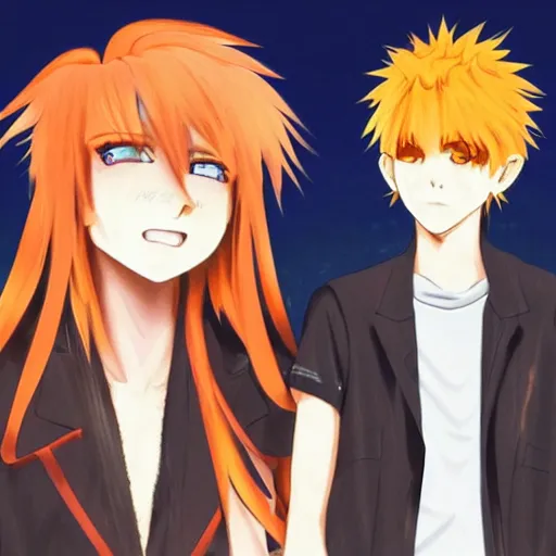 Image similar to orange - haired anime boy, 1 7 - year - old anime boy with wild spiky hair, standing next to 1 7 - year - old pale - skinned persian girl with black long bob cut, long bangs, black gothic jacket, ultra - realistic, sharp details, subsurface scattering, blue sunshine, intricate details, hd anime, 2 0 1 9 anime