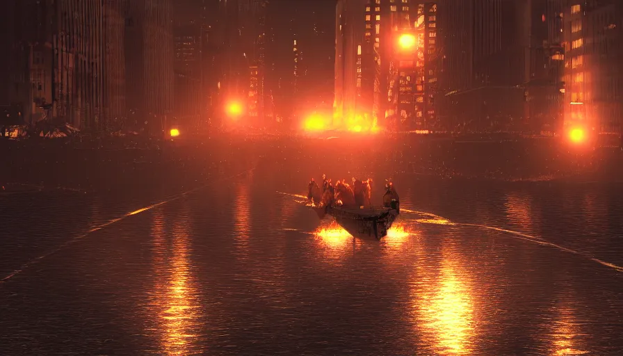 Image similar to lifeboat rescuing people while crossing new york streets after tsunami at night, hyperdetailed, artstation, cgsociety, 8 k