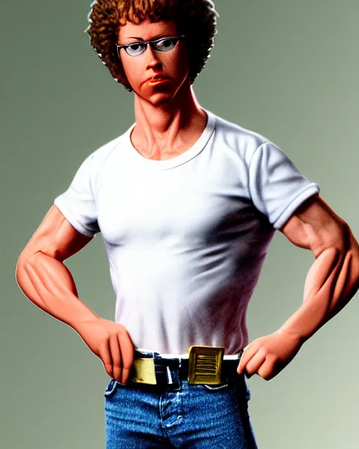 Image similar to character portrait of napoleon dynamite with the body of arnold schwarzenegger, 8 k, ultra realistic, photorealistic, fine details