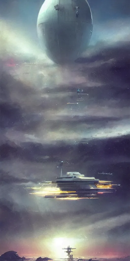 Image similar to large starship frigate dragging long cables and antennas over a cloud covered landscape, sci - fi concept art, by john harris, by john berkey, by simon stalenhag, stunning, award winning