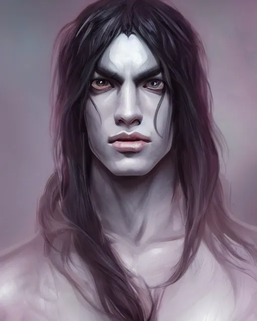 Image similar to portrait of a feminine male dark elf, dark obsidian skin, long hair, fantasy, feminine, elegant, intricate, highly detailed, digital painting, artstation, concept art, sharp focus, illustration