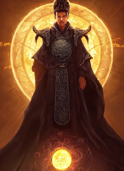 Image similar to a highly detailed illustration of Tony Leung Chiu-wai as wizard wearing ornate black robe and mage hat, dramatic wielding glowing orb pose, with guardian angle floating behind him, intricate, elegant, highly detailed, centered, digital painting, artstation, concept art, smooth, sharp focus, league of legends concept art, WLOP