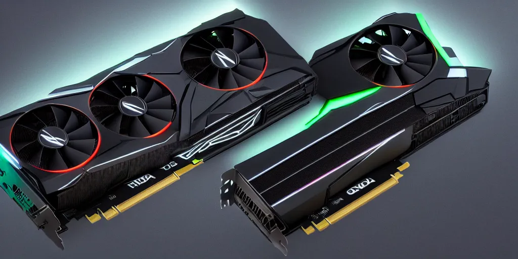 Image similar to product photo of triple wide extra long gtx rtx 4 0 9 0 nvidia gpu graphics card dramatic black background neon lighting