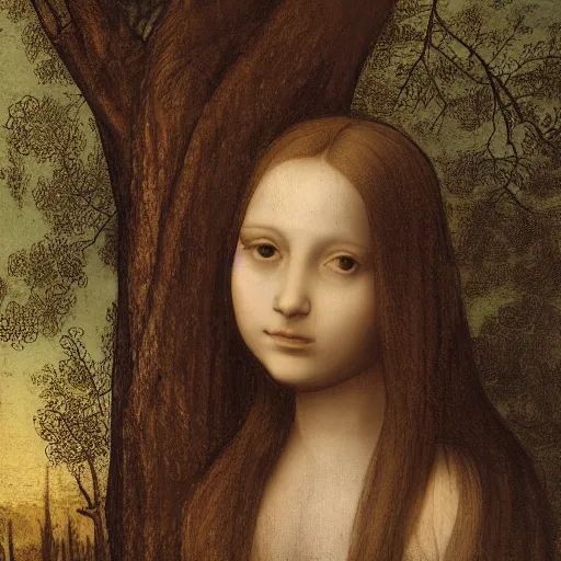 Image similar to girl with long hair sits in a tree by davinci