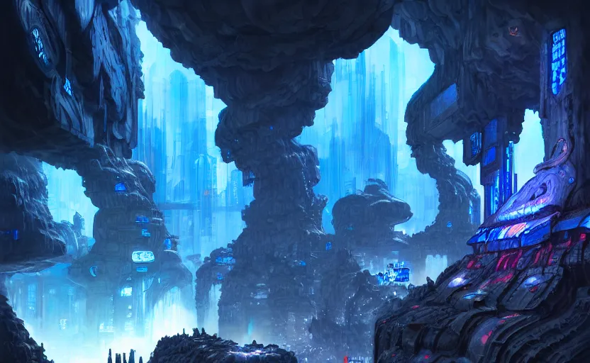 Image similar to cyberpunk factory in a giant dark cave, black rocks cave, detailed cave stones, deep cave, dramatic light, blue crystals, hyper detailed, realistic, intricate, concept art by frank hong, mate painting, artstation