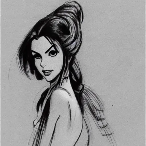 Image similar to milt kahl sketch of victoria justice with done up hair, tendrils covering face and ponytail as princess padme from star wars episode 3