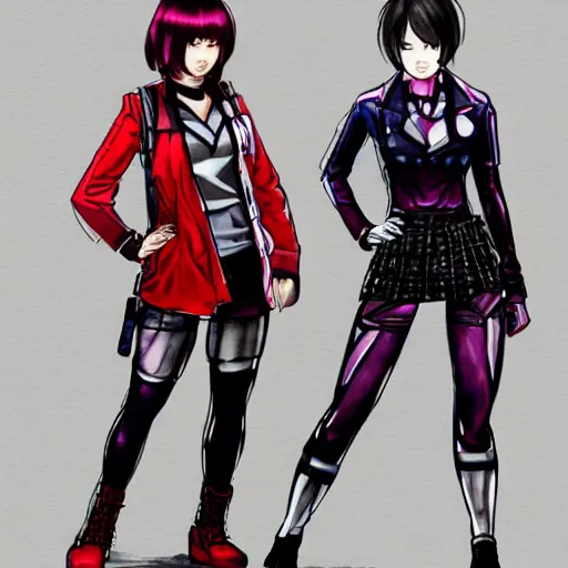 Image similar to a perfect, realistic professional digital sketch of two cyberpunnk Japanese schoolgirls posing, in style of Marvel, full length, by pen and watercolor, by a professional American senior artist on ArtStation, a high-quality hollywood-style sketch, on high-quality paper