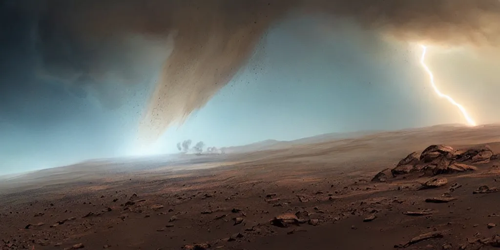 Prompt: tornado on the surface of mars, strorm, lightning, greg rutkowski