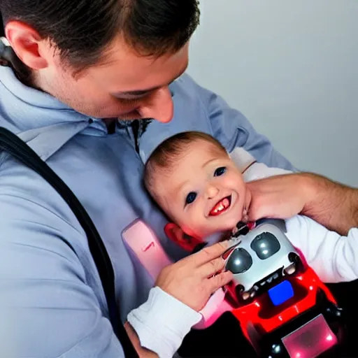 Image similar to cybernetic infant held lovingly by two robots