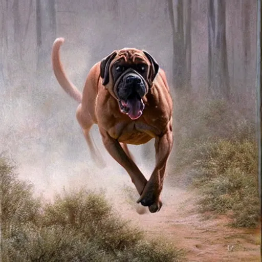 Prompt: a boerboel mastiff running, chasing a kangaroo, detailed, intricate, by ted nasmith