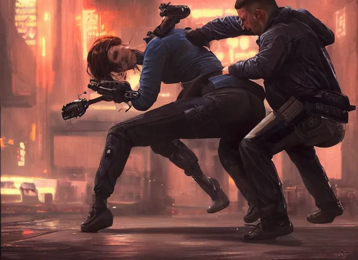 Prompt: maria defeats sgt griggs. cyberpunk assassin knocking out menacing police trooper griggs ( blade runner 2 0 4 9, dystopian, cyberpunk 2 0 7 7 character design ). jujitsu armbar. gorgeous face. epic painting by james gurney and laurie greasley, oil on canvas. cinematic, hyper realism, realistic proportions, anatomy, dramatic lighting, high detail 4 k