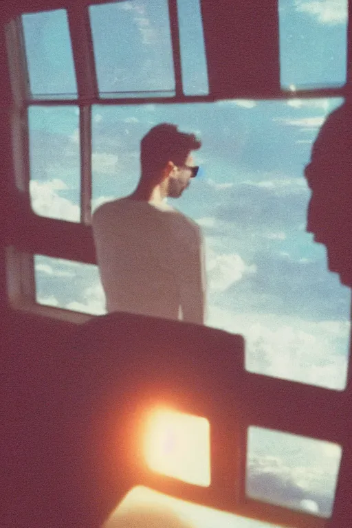 Prompt: far away kodak ultramax 4 0 0 photograph of a skinny guy in a spaceship, back view, looking out window, grain, faded effect, vintage aesthetic, vaporwave colors, cyber aesthetic, space aesthetic,