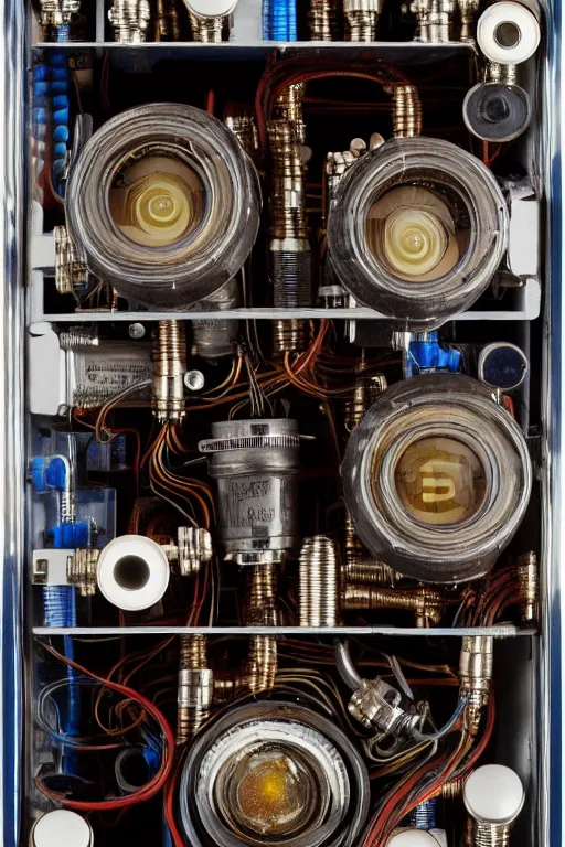 Image similar to A photo of an old opened camera with vacuum tubes, capacitors and wire coils inside by Annie Lebovitz and Steve McCurry Ultra detailed, hyper realistic, 4k