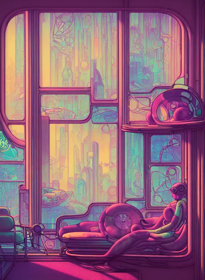 Image similar to telephoto 7 0 mm f / 2. 8 iso 2 0 0 photograph depicting the feeling of chrysalism in a cosy safe cluttered french sci - fi ( ( art nouveau ) ) cyberpunk apartment in a pastel dreamstate art cinema style. ( living room ) ( ( fish tank ) ), ambient light.