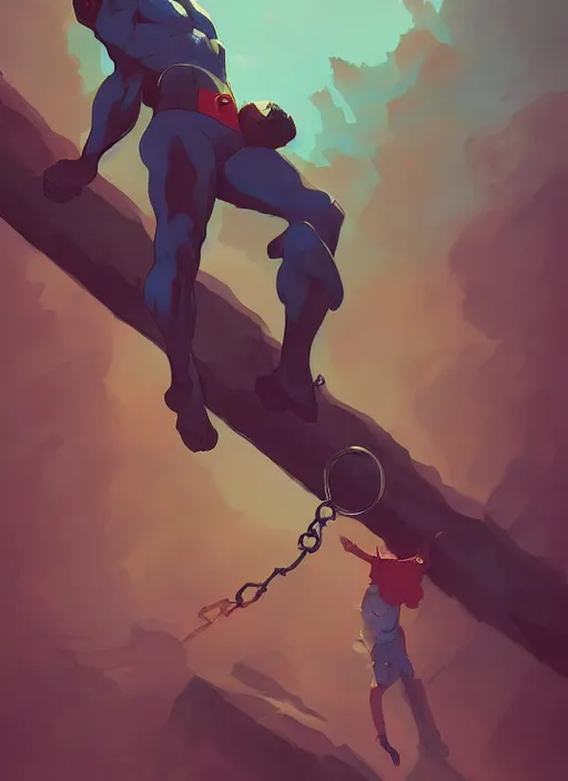 Prompt: a strong man breaking his chains, heroic, glorious, in the style of artgerm, gerald brom, atey ghailan and mike mignola, vibrant colors and hard shadows and strong rim light, plain background, comic cover art, trending on artstation