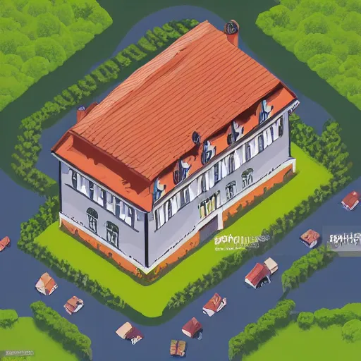 Prompt: High-Quality painting of a traditional Bavarian house, isometric aerial view, vector art, peaceful, very detailed, digital art.