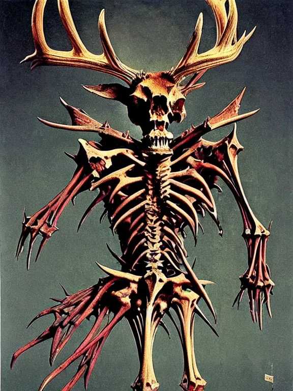 Prompt: A little vibrant. A spiked horned detailed semideer-semihuman skeleton with armored joints stands in a large cavernous dark castle with a pebble in hands. Wearing massive shoulderplates, cloak. Extremely high details, realistic, fantasy art, solo, masterpiece, bones, ripped flesh, colorful art by Zdzisław Beksiński, Arthur Rackham, Dariusz Zawadzki, Harry Clarke