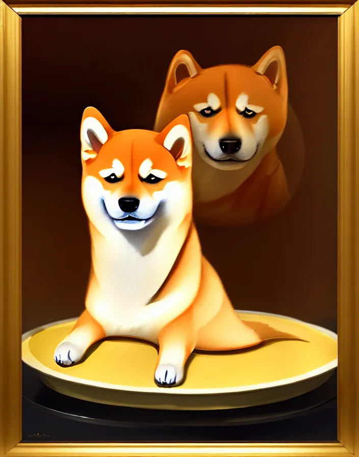 Prompt: a royal portrait of a shiba inu as a japanese cheesecake, oil on canvas, highly detailed, cinematic lighting, pretty