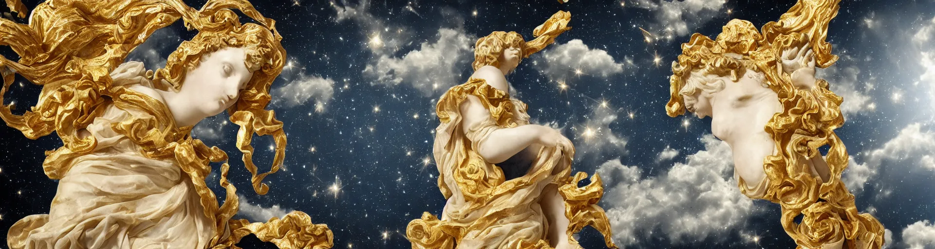 Prompt: saint Woman beautiful gracious baroque marble and gold in space, stars, clouds