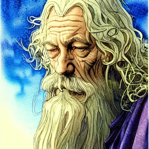 Image similar to a realistic and atmospheric watercolour fantasy character concept art portrait of gandalf smoking weed looking at the camera with an intelligent gaze by rebecca guay, michael kaluta, charles vess and jean moebius giraud