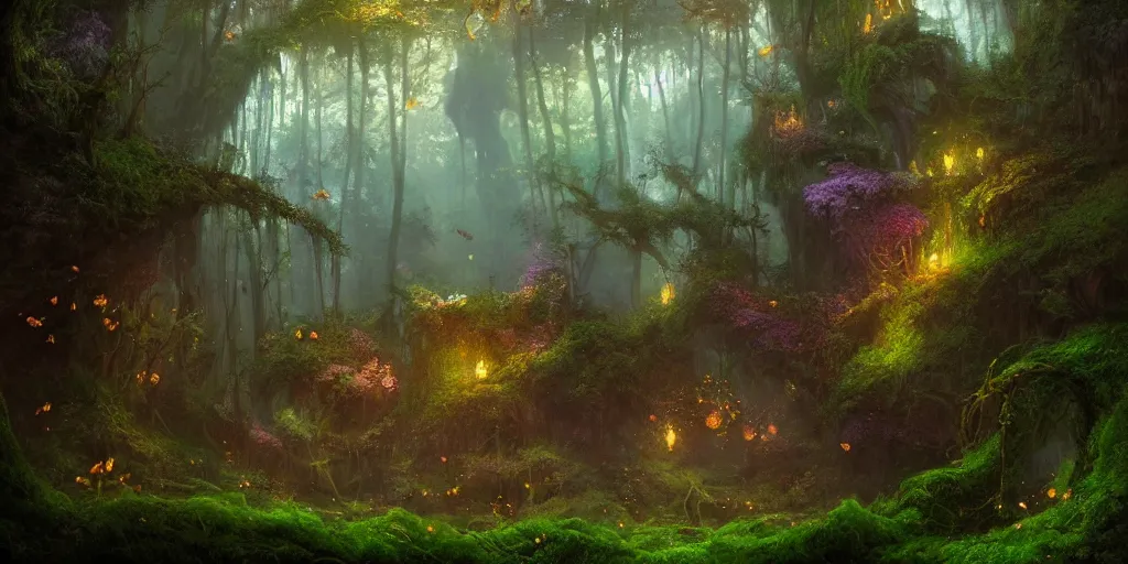 Prompt: a beautiful hyper realistic detailled matte painting of a serene magical forest in faeries land in a dark underground cave, moss and flowers, fireflies, art by Moebius and John Howe and Albert Bierstadt and Alena aenami, unreal engine, trending on artstation, barometric projection, rectilinear, f16