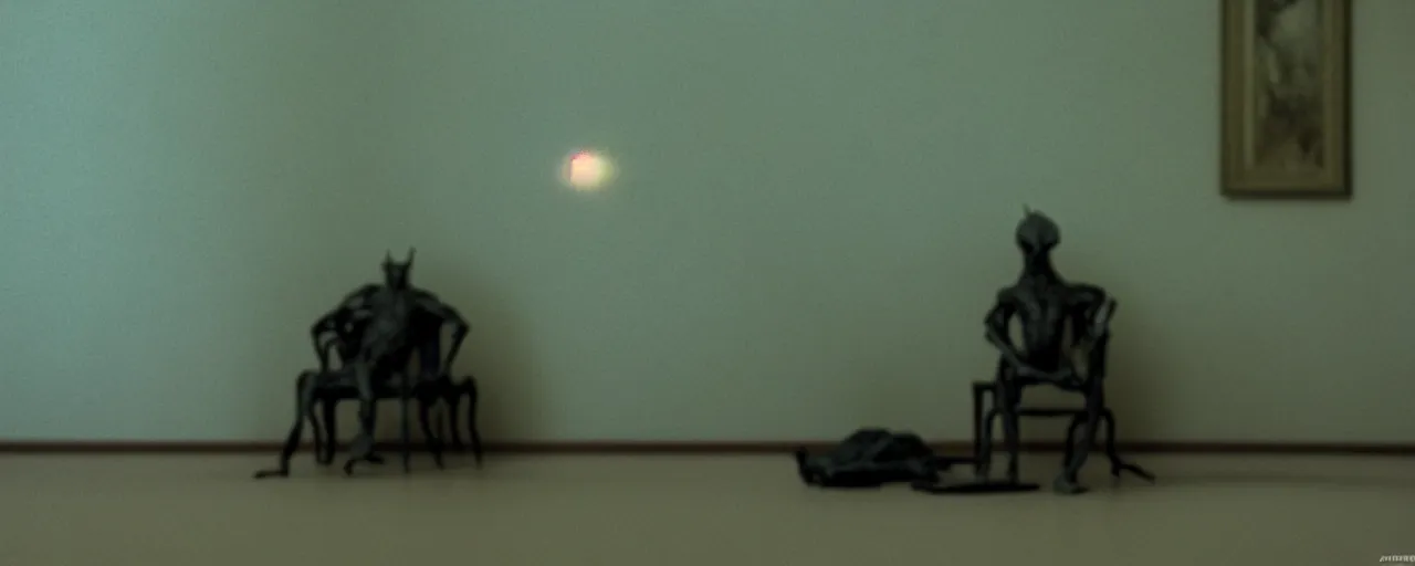 Image similar to a strange creature sits in the living room, film still from the movie directed by Denis Villeneuve with art direction by Zdzisław Beksiński, close up, telephoto lens, shallow depth of field