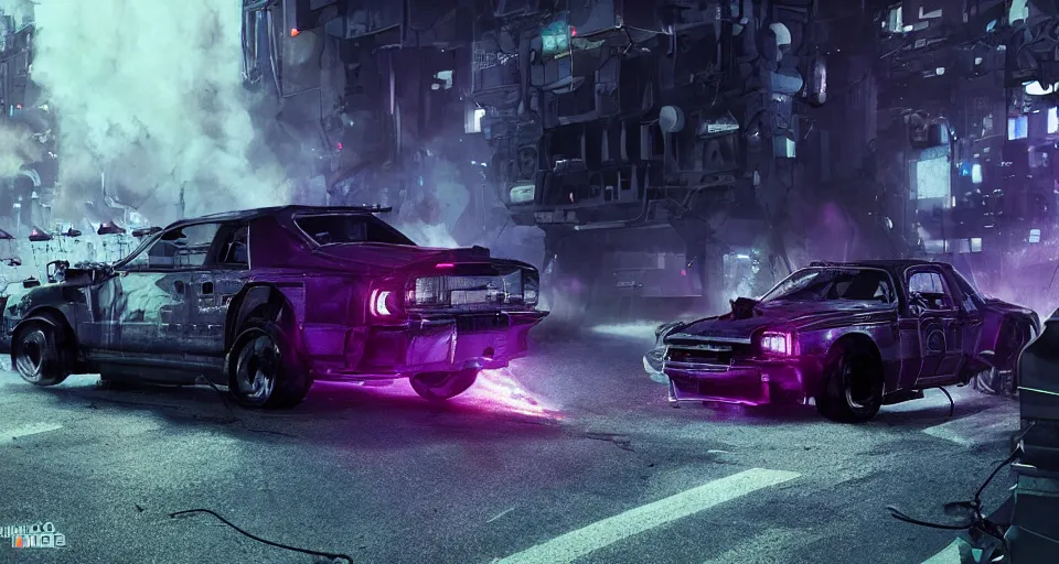 Prompt: movie still cyberdyne cars from terminator, dark cinematic lighting, smoke, atmospheric, purple lasers, low angle photography, beautiful, cyberpunk, artstation,