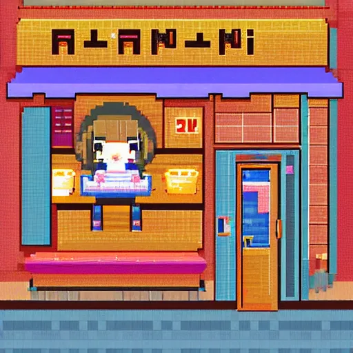 Prompt: \'pixel art anime girl in ramen cafe, soft colors, 1990\'