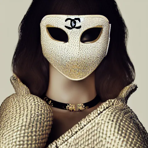 Image similar to portrait of masked dune dynasty with chanel clothes, white background, chanel logo, 8 k, symmetrical, 3 d render, octane render, insane details