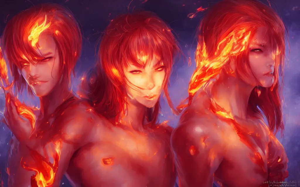 Image similar to A realistic anime portrait of a beautiful fire spirit twins with glowing red eyes and firey skin wearing clothes made of flames, digital painting, by Stanley Artgerm Lau, Sakimichan, WLOP and Rossdraws, digtial painting, trending on ArtStation, SFW version