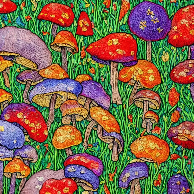 Image similar to a close up view of a wall with colorful mushrooms on it, a detailed painting by master of the embroidered foliage, featured on behance, arts and crafts movement, intricate, ornate, made of flowers