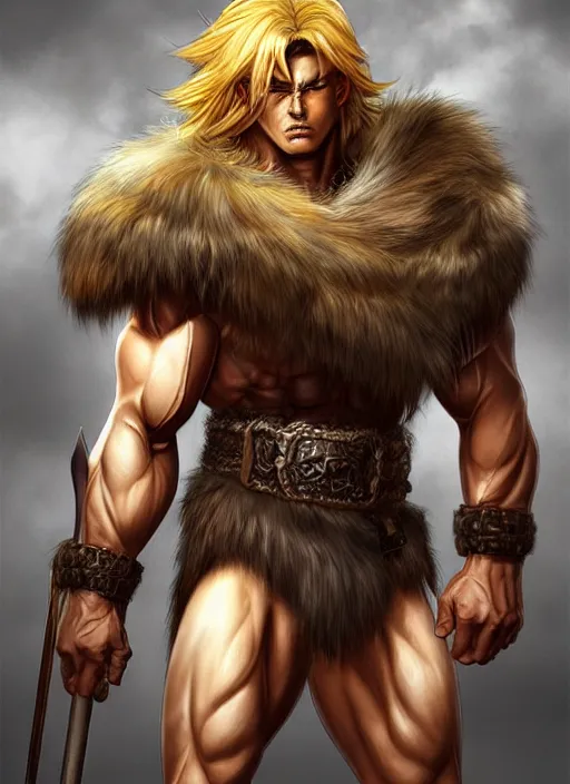 Image similar to barbarian, jackson wang, fierce, big muscles, large muscular chest, fur leather armor!!! handsome golden hair male!! character concept art, sharp focus, octane render! unreal engine 5! highly rendered!! trending on artstation!! detailed linework!! illustration by artgerm, wlop, and chie yoshii