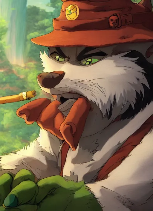 Image similar to studio ghibli pathfinder 2 e illustration of furry goblin smoking a cigar, character portrait, unreal engine, hyper realism, realistic shading, cinematic composition, realistic render, octane render, detailed textures, photorealistic, wide shot