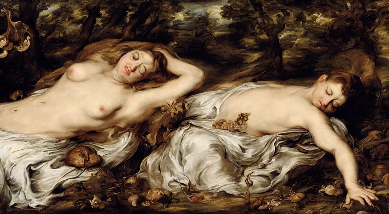 Image similar to pretty sleeping woman with mushrooms as camouflage, by rubens