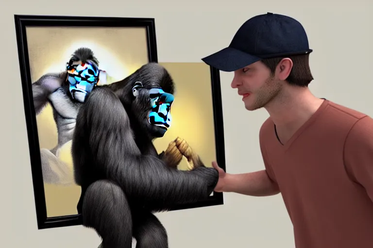 Image similar to Gorilla standing beside a framed portrait of a man wearing a novelty cap with a propeller, hyperrealistic, concept art, 8k, artstation, cinematic, volumetric lighting