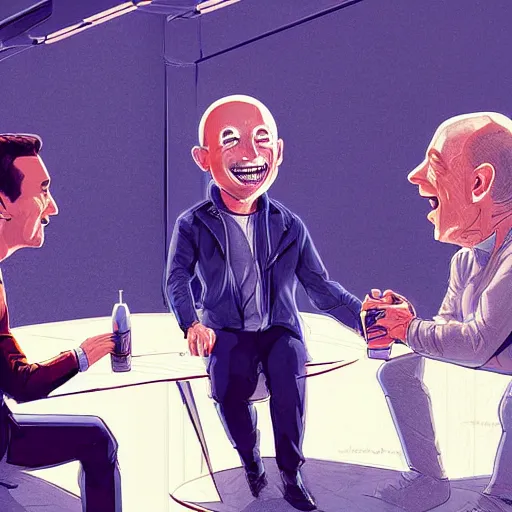 Image similar to cell shaded illustration of a meeting between elon musk, mark zuckerberg, jeff bezos, very detailled, art contest winner on behance, trendy on deviant art, by by artgem, greg rutkowski, by greg tocchini, by joe fenton