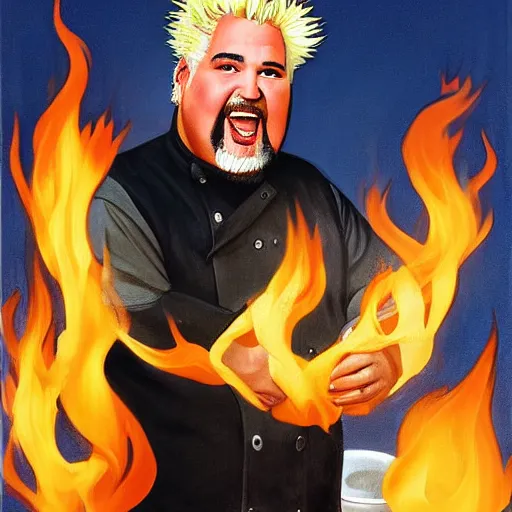 Prompt: painting of guy fieri cooking over hot flames by sargent and leyendecker