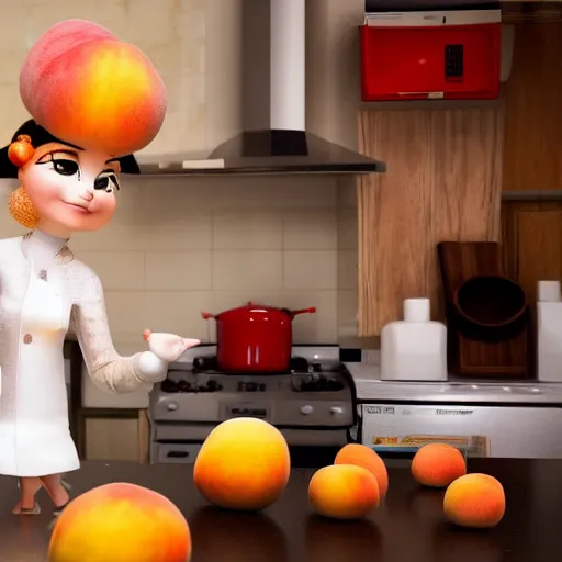 Prompt: a peach character dancing in a kitchen, kitchen interior, highly detailes