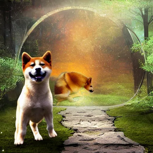 Prompt: shiba inu puppy walks through a dimensional portal, Fantasy Art