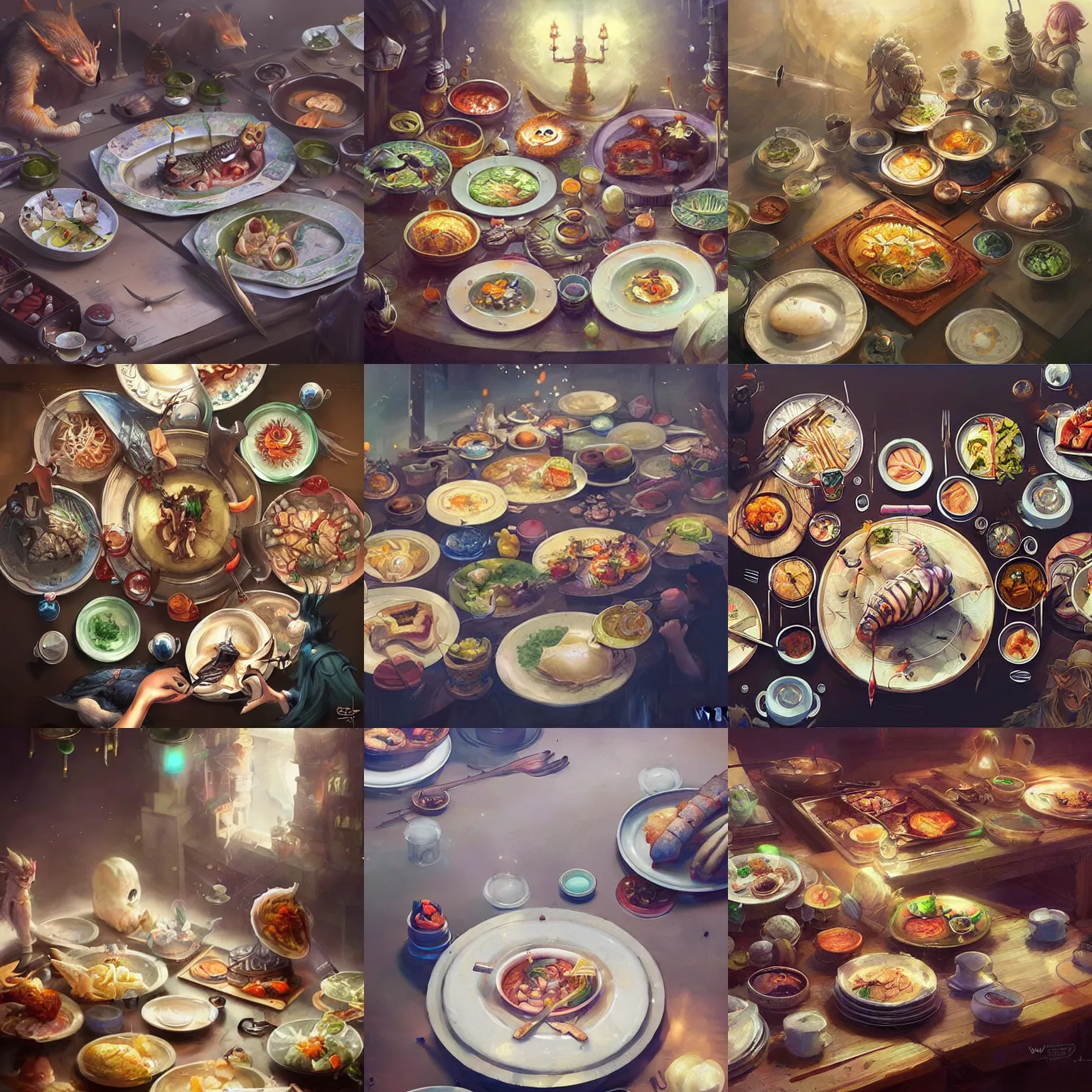 Prompt: table with ( plates ) filled with food, fantasy art, fantasy, anime, food focus, magic, highly detailed, by wenjun lin, by wlop,