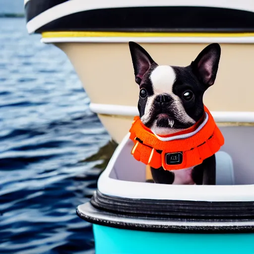 Image similar to a closeup photorealistic photograph of a cute smiling knitted boston terrier dog dressed in a life vest on a pontoon boat. professional capture, sunny shot. this 4 k hd image is trending on artstation, featured on behance, well - rendered, extra crisp, features intricate detail, epic composition and the style of unreal engine.