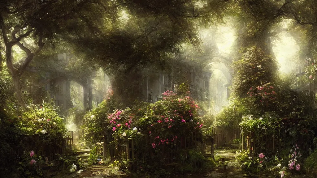 Prompt: the secret garden. the hidden garden. private garden. andreas achenbach, artgerm, mikko lagerstedt, zack snyder, tokujin yoshioka