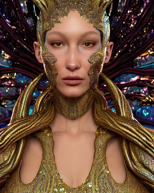 Prompt: a highly detailed metahuman 4 k close up render of an alien goddess bella hadid as alien in iris van herpen dress schiaparelli in diamonds crystals swarovski and jewelry iridescent in style of alphonse mucha gustav klimt trending on artstation made in unreal engine 4