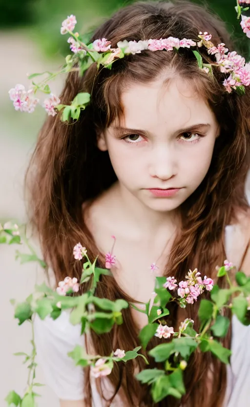 Image similar to portrait of a shy young girl with flowers in her hair, beautiful composition, modern color palette, 50mm f1.8, ambient light,