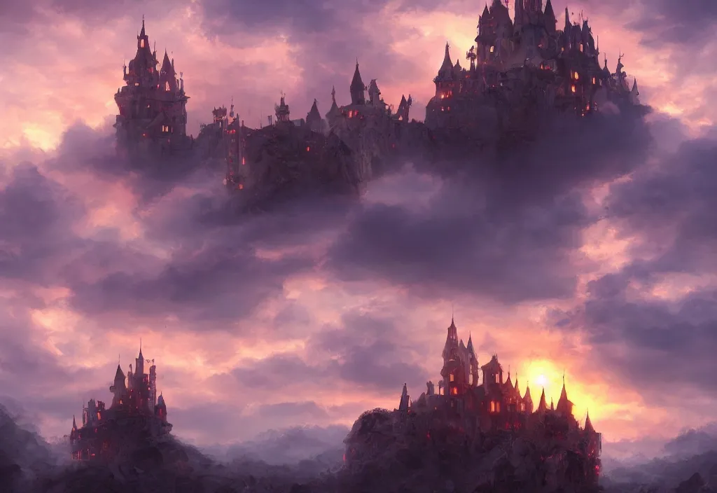 Image similar to a magical castle on the clouds, sunset, epic, trendy on artstation, concept art