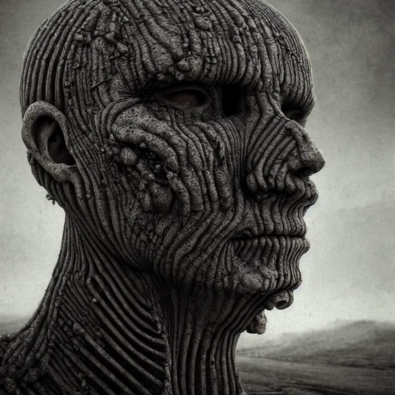 Image similar to ribbed man face portrait, baroque painting, standing in a desolate empty wasteland, creepy, nightmare, dream-like heavy atmosphere, surreal abandoned buildings, beautiful detailed intricate insanely detailed octane render trending on Artstation, 8K artistic photography, photorealistic, chiaroscuro, Raphael, Caravaggio, Beksinski, Giger