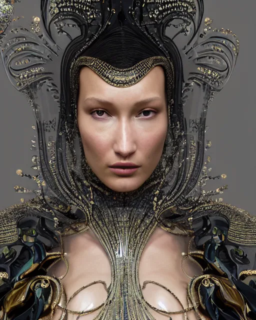 Image similar to a highly detailed metahuman 8 k close up render of bella hadid as a black snake renaissance in iris van herpen dress schiaparelli in diamonds crystals swarovski and jewelry iridescent in style of alphonse mucha gustav klimt trending on artstation made in unreal engine 4