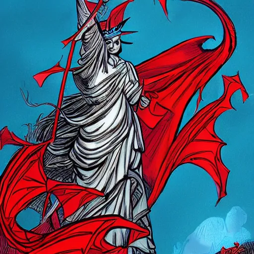 Image similar to Lady Liberty riding the red dragon of china. illustration concept art in the style of Arthur Adams