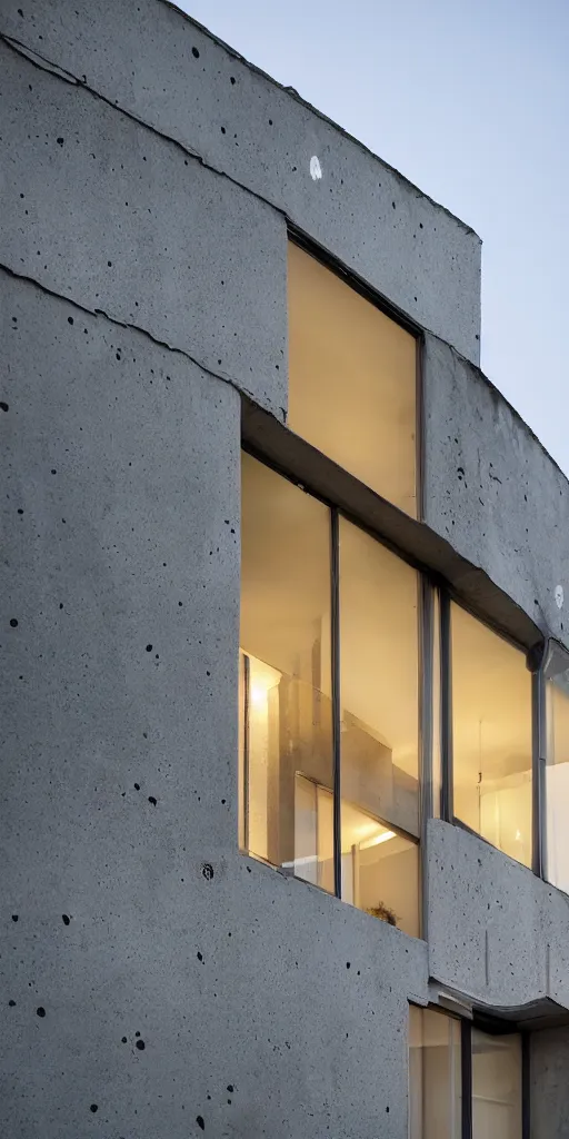 Prompt: a night photo of a multistory minimalist contemporary house with large, bright windows. Behind the largest window is a family is eating dinner at the dining room table. The mossy and weathered concrete has been eroded by wind and water. The concrete looks like Geological strata of rust and sand colors. The erosion has created thousands of small cracks and holes filled with moss. The concrete has large holes and deep crevices. Moss is growing in the hundreds of eroded crevices. Megascans, 8k, unreal engine 5.