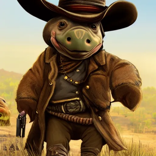 Image similar to cute little anthropomorphic tortoise in Red Dead Redemption 2 (2018 videogame) cover art, ultra wide lens shot , tiny, swine, hug, small, short, cute and adorable, pretty, beautiful, DnD character art portrait, matte fantasy painting, DeviantArt Artstation, by Jason Felix by Steve Argyle by Tyler Jacobson by Peter Mohrbacher, cinematic lighting